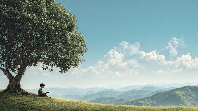 Solitary Child Reading Under a Majestic Tree on a Hilltop with Panoramic Mountain View