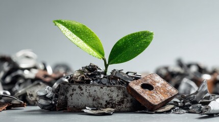 Small Green Plant Growing Resiliently from a Heap of Electronic Waste and Metal Scraps