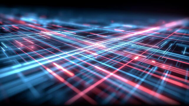 Intersecting neon lines pulsing across digital grid, generating vibrant blue red technological landscape with futuristic visual dynamism