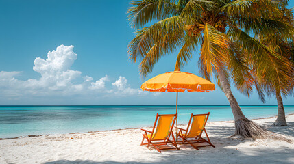 Obraz premium Chairs and umbrella set up on a tropical beach with sand and palm trees, bright and sunny atmosphere.