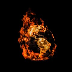 Earth Globe Engulfed in Blazing Flames, Symbolizing Global Warming and Environmental Catastrophe