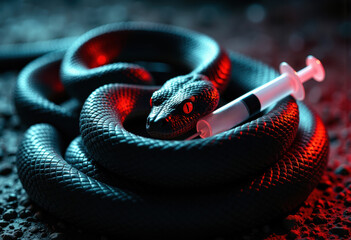 A black snake coiled around a syringe with a dark, ominous background and red lighting effects