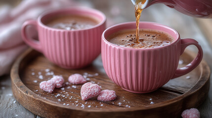 cozy moment with hot beverage poured into pastel pink cups on wooden tray in sunlight