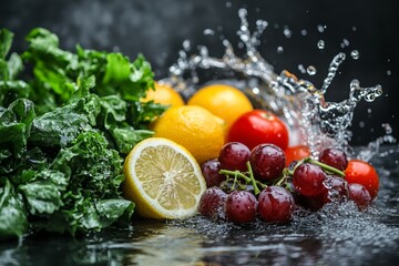 Fresh fruits and vegetables with water splashes on dark background