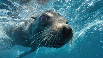 Fototapeta premium Close-up Underwater Shot of a Curious Sea Lion Swimming in Clear Blue Water