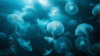 Naklejka premium Glowing Jellyfish Swim Gracefully in Deep Blue Waters