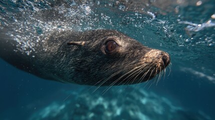 Close-up Underwater Shot of a Sea Lion's Face with Whiskers, Swimming in Blue Water