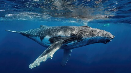 Naklejka premium Magnificent Humpback Whale Gliding Serene in the Clear Blue Underwater Ocean