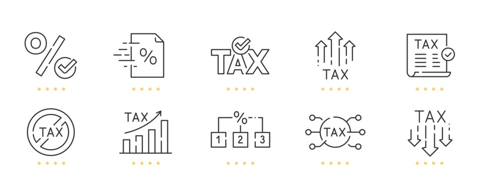 Tax line icons. Report, fee, percent etc. Editable stroke