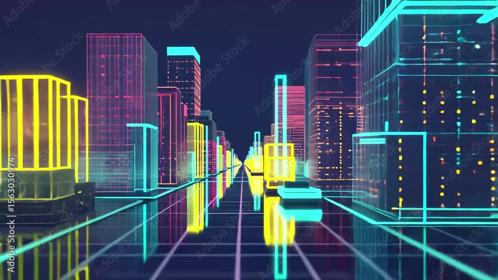 Poster Digital binary code landscape with glowing buildings in a vibrant isometric view at night, Digital binary code datum Isometric 3D render seamless