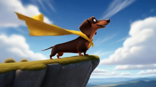 Heroic dachshund wearing yellow superhero cape standing on cliff edge