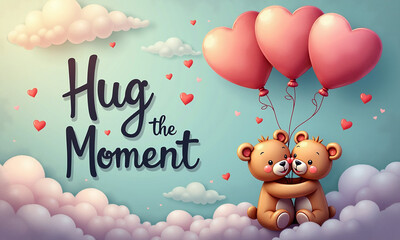 Bear holding pink heart balloons floating above soft fluffy clouds.