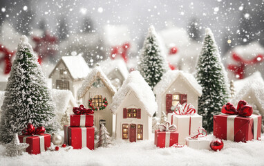 Santa Claus delivers festive Christmas gifts under a decorated tree amidst snow, celebrating the winter holiday season