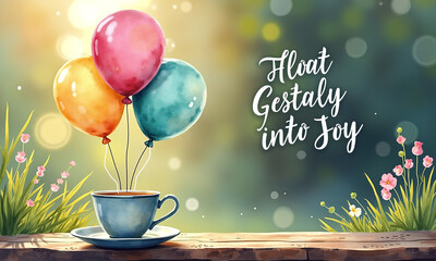 Bright balloons floating from a tea cup with a dreamy garden background.