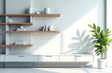 Empty modern living room with white wall, wooden shelves, and potted plant for copyspace