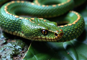 Fototapeta premium Close-up of a vibrant green snake with detailed scales resting on a leaf
