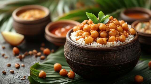 Vibrant Onam Sadhya spread on banana leaf, healthy vegetarian meal with rice, variety of Kerala-style curries, snacks and desserts 