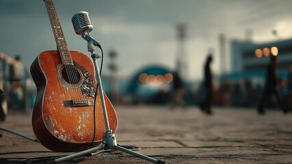 Capturing the Essence of Live Music: Acoustic Guitar and Vintage Microphone on Stage