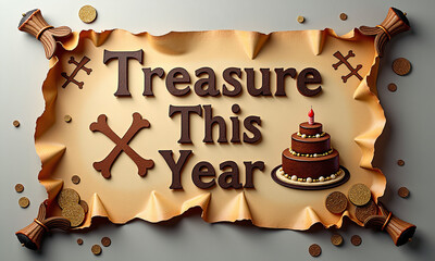Old-style parchment with treasure symbols and chocolate cake centerpiece.