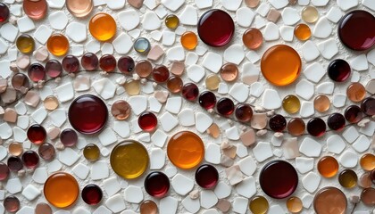 Colorful abstract background pattern with medicine pills, makeup palettes, and cosmetic designs of circles and squares