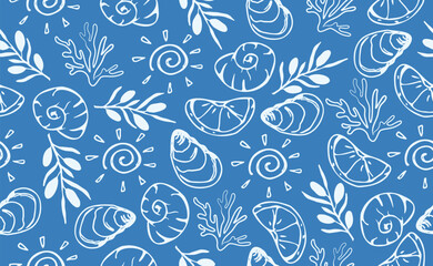 Hand drawn Italian mediterranean seafood seamless pattern. Italy summer print, background with lemon, olive, oyster, shell. Amalfi coast sea elements for Italy menu, wedding, food sketch. Vector illus