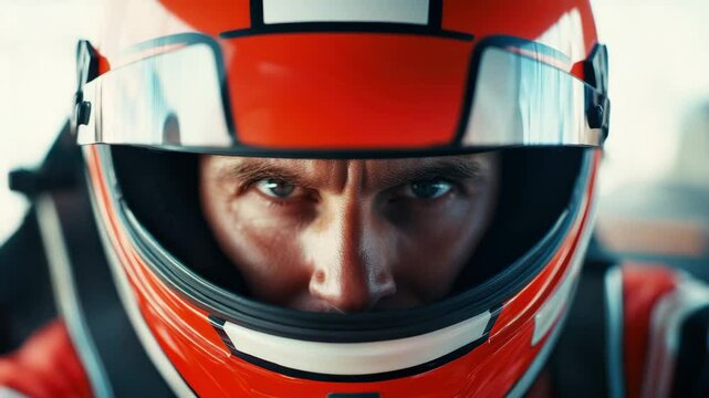 Close up of focused race car driver wearing red helmet and racing suit, showing intense eyes and determination in motorsport speed environment with concentration and high speed action