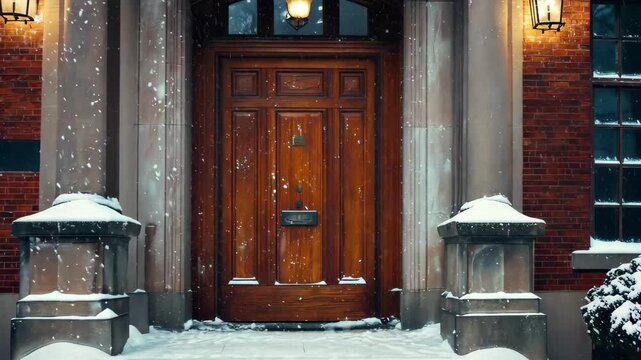 Snow falls gracefully on historic building doorsteps during a winter evening, Snowfall On Large Door Historic Building