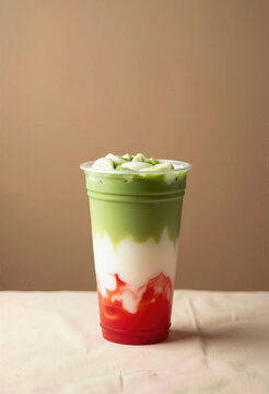 A delicious iced strawberry matcha latte beautifully layered in a to-go cup, with vibrant red puree, creamy milk, and rich green tea for a refreshing treat.
