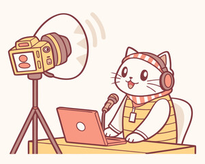 Cute Cat Vlogger Streaming Online with Camera Microphone Laptop and Headphones Illustration