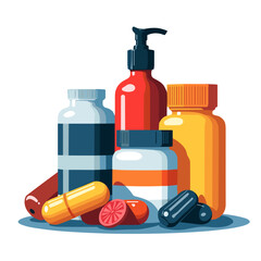 Vibrant supplement stack on counter, energizing health concept