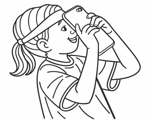 Line art illustration of a girl taking a picture with her smartphone device