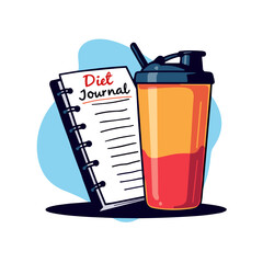 Bold vector illustration of diet journal and shaker bottle, fitness motivation