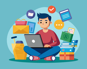 Cartoon Man Working on Laptop Surrounded by Office Supplies and Communication Icons