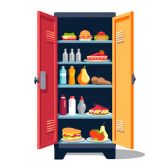 Vibrant gym locker filled with healthy food items, sports nutrition