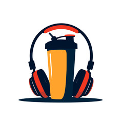 Dynamic shaker and headphones flat lay, energizing sports nutrition