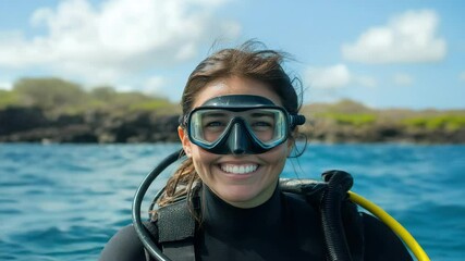 Smiling woman scuba diving with mask and wetsuit in ocean water near rocky shore and blurred coastline under blue sky enjoying underwater adventure and marine exploration