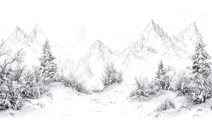 Naklejka premium Winter mountain landscape sketch. Snowy peaks and trees