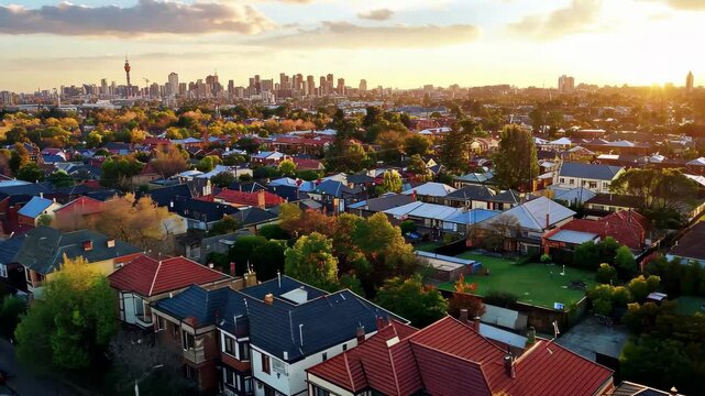 Birds eye view of Brunswick area in Melbourne during sunset with city skyline in the background, Birds eye view over the Brunswick area of Melbourne city , Australia