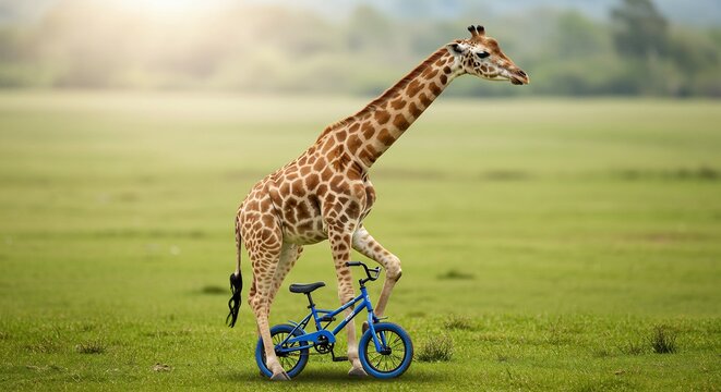 草原を歩くキリン 小さな自転車 穏やかな光 優しい表情. AI Generated