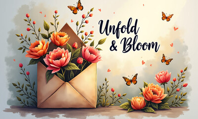 Elegant letter filled with blooming flowers and butterflies flying around.