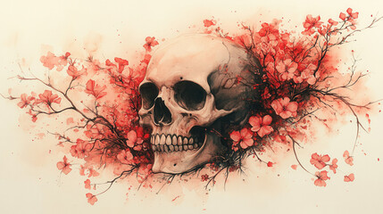skull and floral fusion artwork in watercolor style with soft pink and brown botanicals