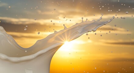 輝く夕日とミルクの躍動感あふれる瞬間 鮮やかな色彩と力強い流れ. AI Generated