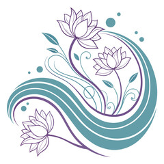 Yin-Yang Lotus Emblem with Teal and Lavender Harmony, A circular vector composition merging the essence of yin-yang with lotus symbolism — featuring teal and lavender halves adorned with stylized lotu