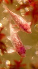 Dos pares de peces brillantes, nadando serenamente, hermosos y de un resplandeciente color rojo.
