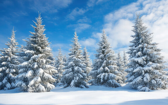 Snow-covered pine trees blanket a serene winter forest landscape, shimmering under a cold blue sky
