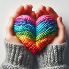 Hands holding rainbow-colored knitted hearts, symbolizing love, diversity, and unity in vibrant, warm, and inclusive imagery. AI generated.
