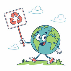 Earth Cartoon Character Holding Recycling Sign in Eco-Friendly Scene, A cheerful cartoon Earth with a smiling face, limbs, and expressive pose holds a recycling symbol sign, standing amid grass and cl