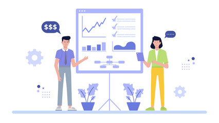 Two people presenting financial data on a whiteboard, suitable for business presentations, financial reports, teamwork, collaboration concepts.