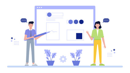 Two people showcase a website design on a large screen, suitable for technology or business presentations or web development concepts.