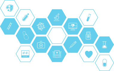 Abstract geometric health care background with hexagon shapes for medicine, science, chemistry. Medical background with flat icons and symbols